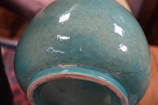 A large Chinese turquoise crackle-glazed bottle vase, incised Kangxi mark but later height 43cm